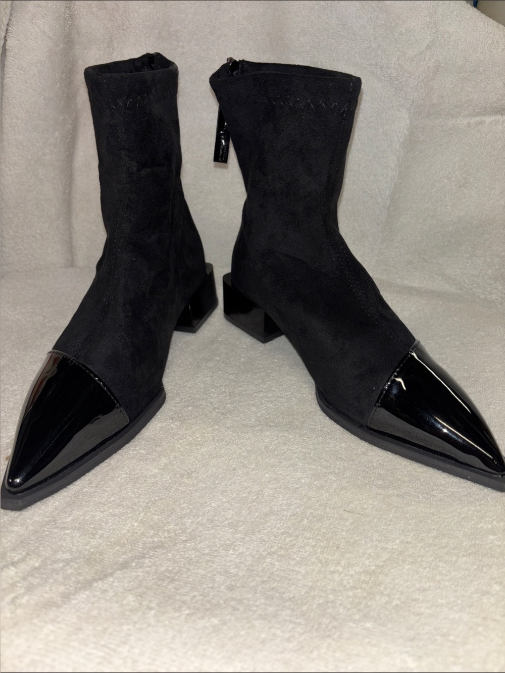 Sleek Black Pointed Toe Ankle Booties with Patent Cap
